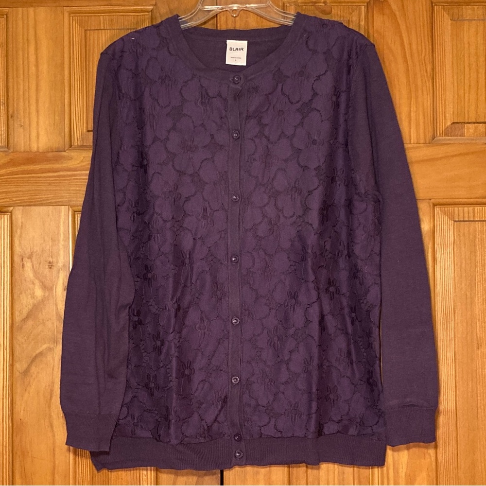 NWOT Blair Lightweight Lace Front Knit Sweater Purple Size L Large